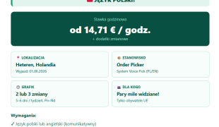 Praca w magazynie bez znajomości języka angielskiego. Praca w Holandii od zaraz | Heteren | €14.71