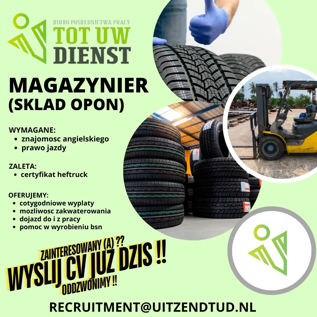 Oferta pracy Magazyn przy oponach (Holandia, Uden)