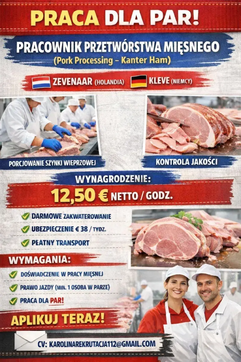 Przetwórstwo mięsa- praca dla par | Zevenaar | €2000.00