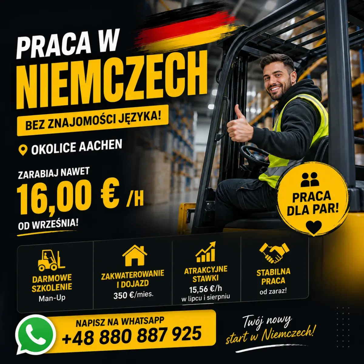 PRACA W NIEMCZECH – BEZ ZNAJOMOŚCI JĘZYKA NIEMIECKIEGO! Operatorów wózków Man-Up, | Aachen | €15.56-16.00