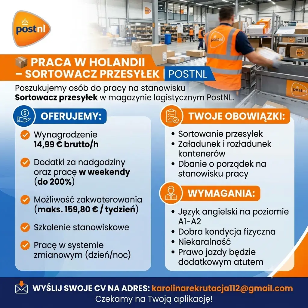 Praca w magazynie pocztowym | Amsterdam | €14.99