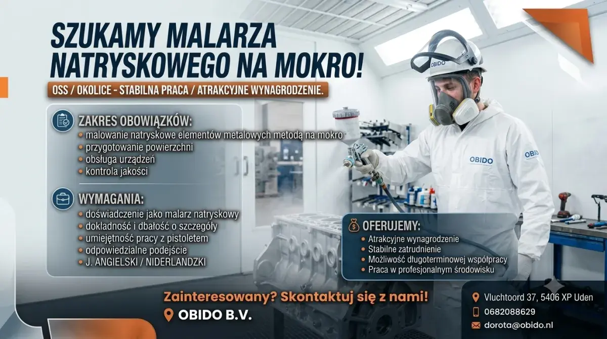 Poszukujemy malarza natryskowego na mokro okolice Oss | Oss