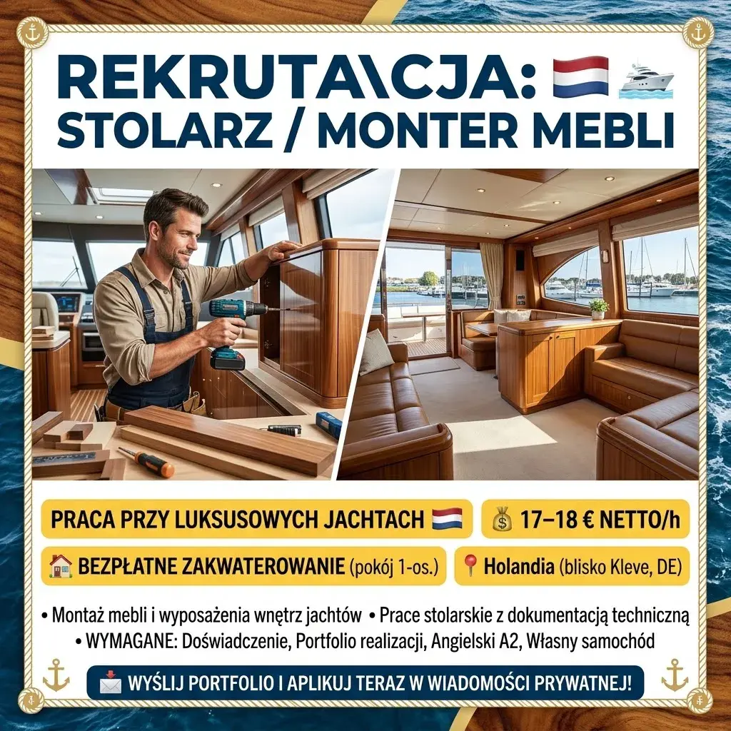 Stolarz / Monter mebli (jachty) – Holandia (umowa litewska) | Kleve | €17.00-18.00