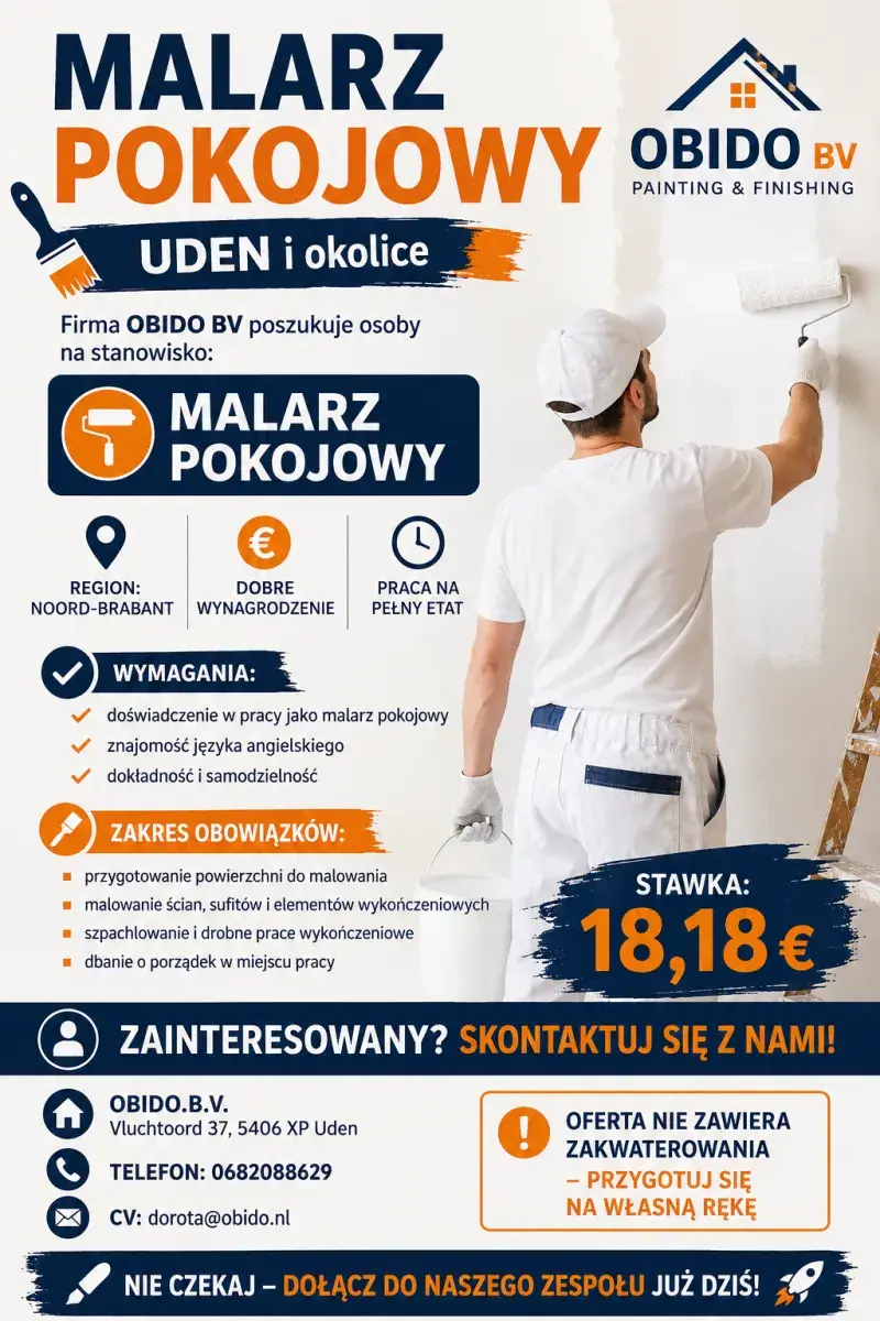 📢Malarz pokojowy UDEN i okolice 🎨- własne zakwaterowanie  | Uden